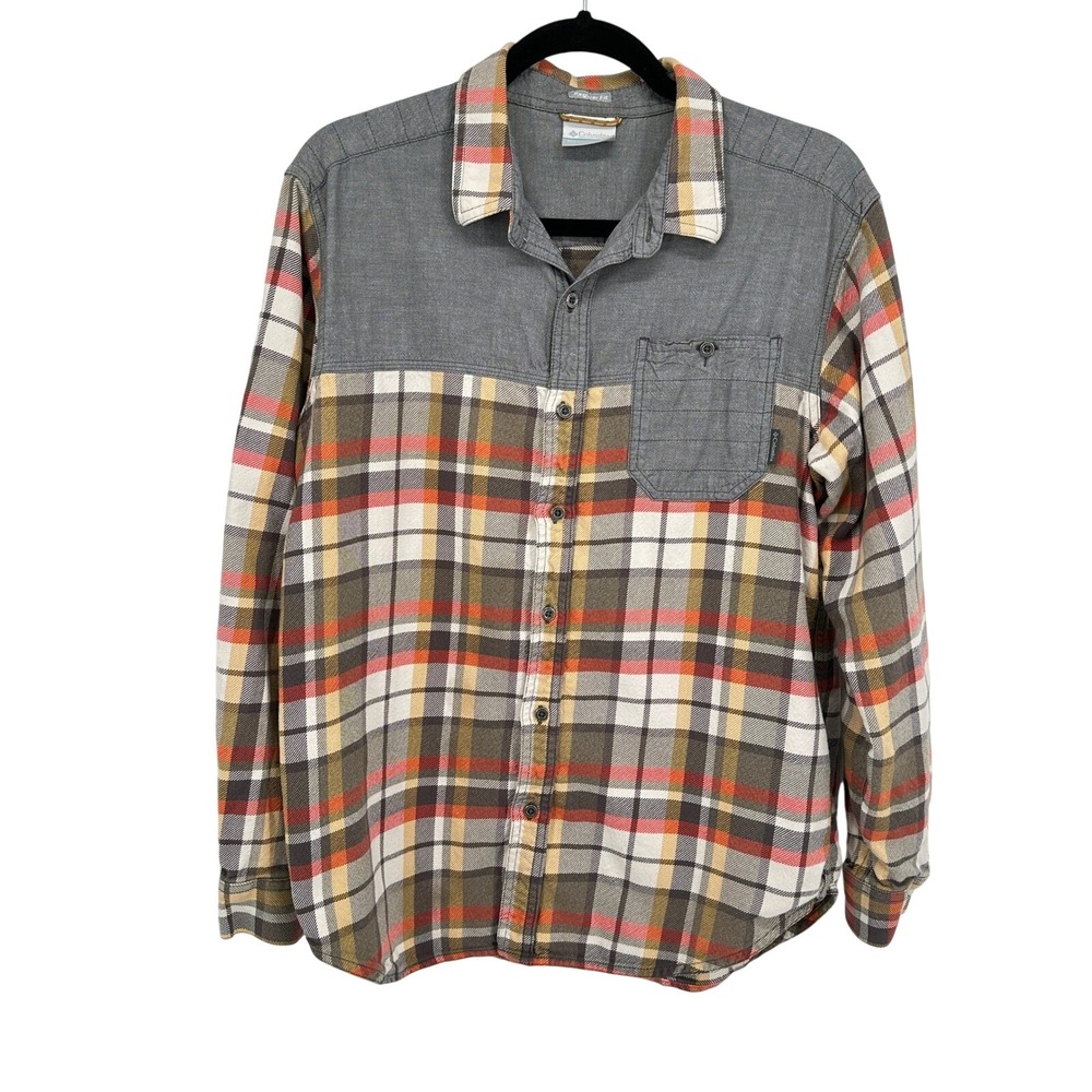 Columbia Mens Medium Plaid Flannel Button Down Shirt Grey Orange Mixed Media M